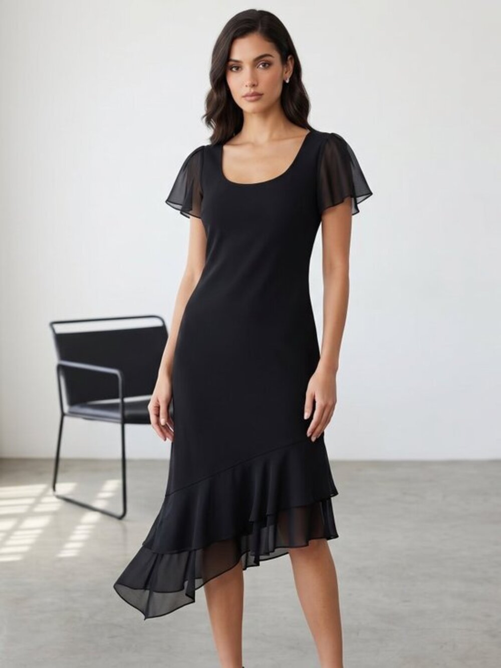 St. John evening, asymmetrical float sleeve Elegant Black knit Dress size 8